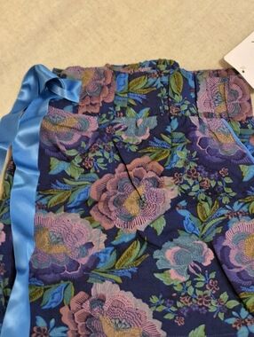 Blue Floral Satin-Trim Nightwear Bottoms